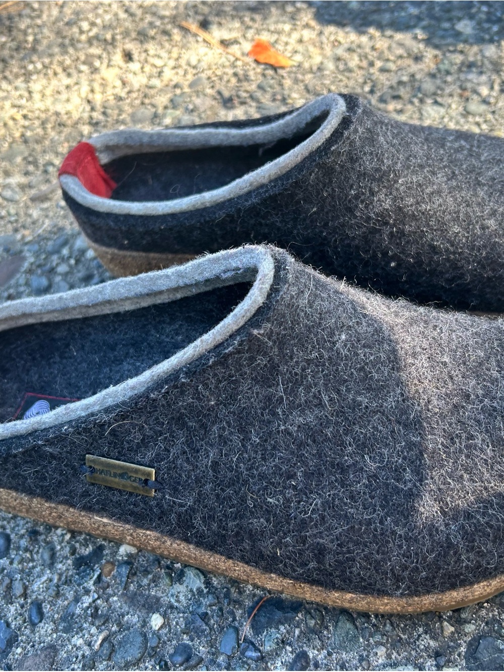 Haflinger Dark Gray Wool Slip-On Men’s Loafers with Red Heel Tab